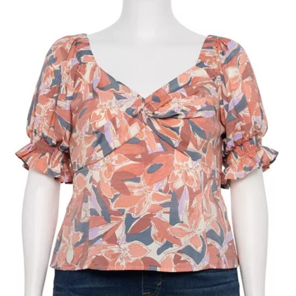 Nine West NEW Boho Floral Smocked Twist-Front Puff Sleeve Top Women's 3X Plus